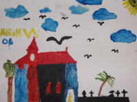 Nick,7Jahre,l auf Leinwand,50x40,Kirche mit Friedhofkl